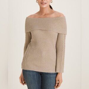 Chico's Off Shoulder Cable Knit Sweater Gold Shimmer Sparkle Holiday Soft Winter